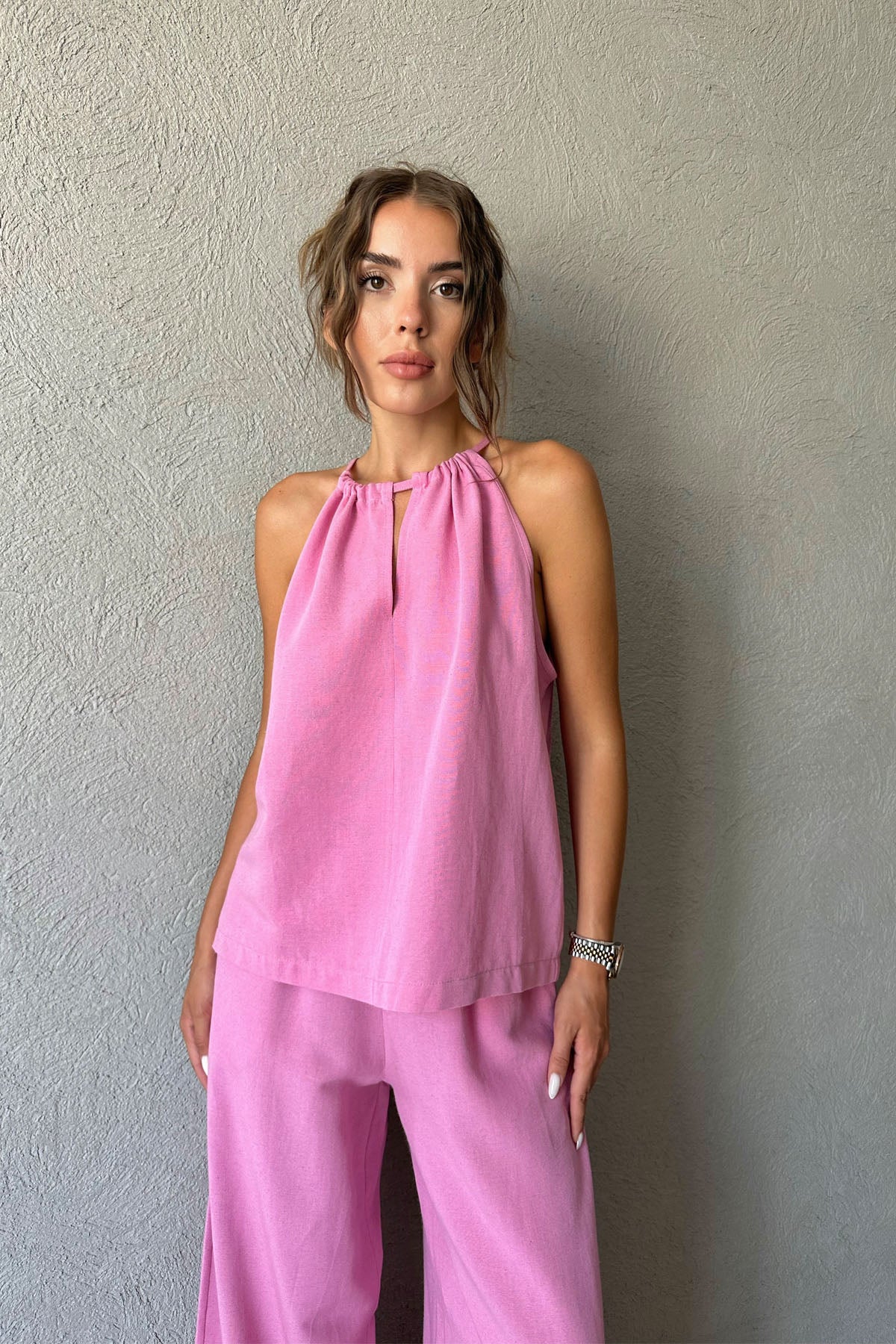 Pembe Keten Boyundan Bağlamalı Bluz ve Beli Lastikli Pantolon Takım SY-0758-Pembe