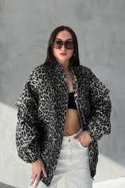 Krem Leopar Desenli Beli Ve Kolu Lastikli Mont SY-2524-Krem