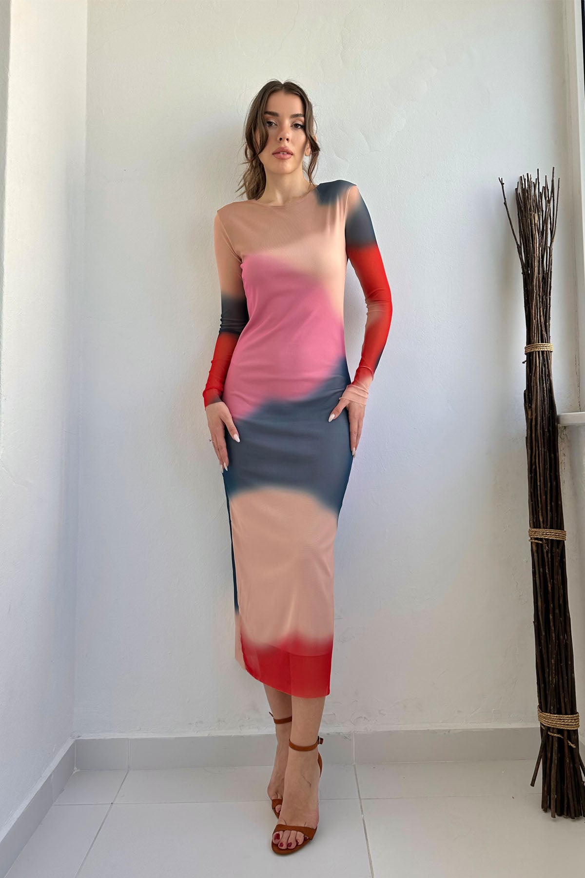 Pembe Desenli Astarlı Tül Elbise SY-0262-Pembe