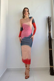 Pembe Desenli Astarlı Tül Elbise SY-0262-Pembe