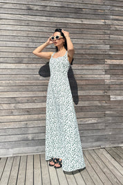 Kadın Askılı Yeşil Çiçek Desenli Midi Elbise SY-3159-Yeşil