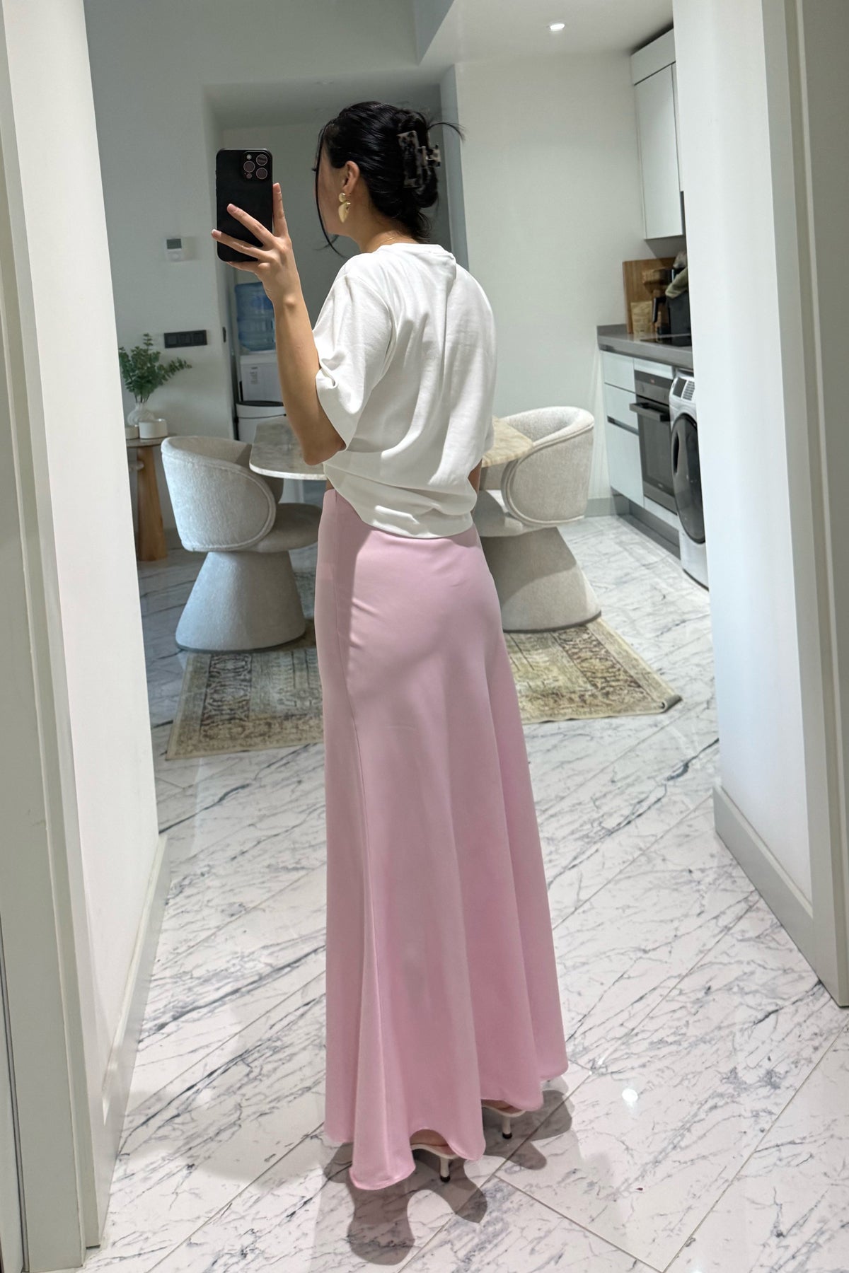 Pembe Premium Uzun Saten Çan Etek SY-3685-Pembe