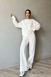 Beyaz Uzun Kollu Sweat ve Önden Dikiş Detaylı Eşofman Takım SY-1290-Beyaz