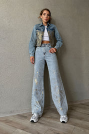 Önü ve Arkası Gold Parlak Kumaş Detaylı Kot Ceket SY-1101-Mavi