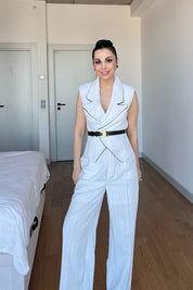 Ekru Keten Biyeli Yelek Ve Pantolon Takım SY-3021-Ekru