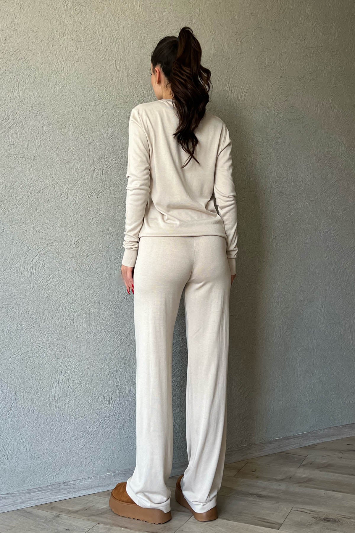 Bej Kazak ve Beli Lastikli Pantolon Triko Takım SY-1583-Bej