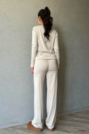 Bej Kazak ve Beli Lastikli Pantolon Triko Takım SY-1583-Bej