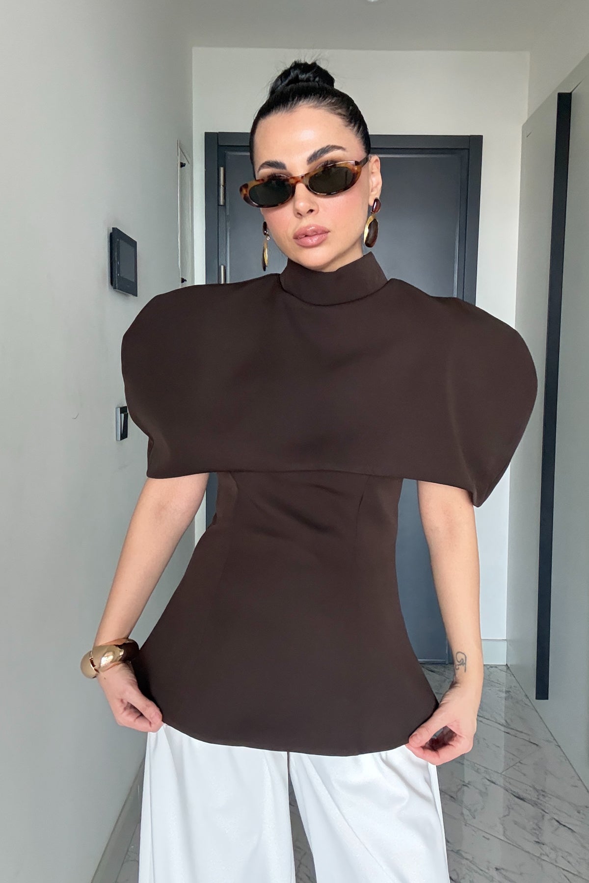 Kahve Straplez iki Barçalı Bluz SY-3597-Kahve