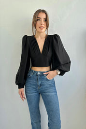 Siyah V Yaka Uzun Balon Kol Crop Bluz SY-0171-Siyah