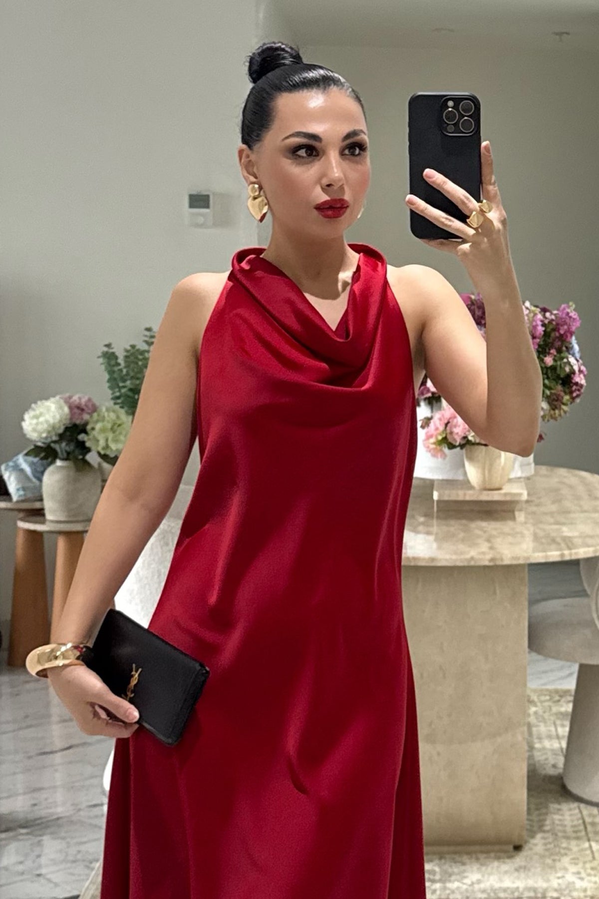 Kırmızı Degaje Yaka Saten Elbise SY-3683-Kırmızı