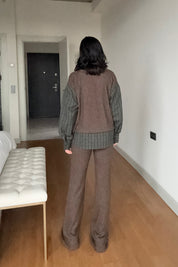 Kahve Yeşil Gömlek Detaylı Triko Pantolon Takım SY-3497-Kahverengi