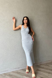 Mavi V Yaka Gül Detaylı Örme Elbise SY-2208-Mavi