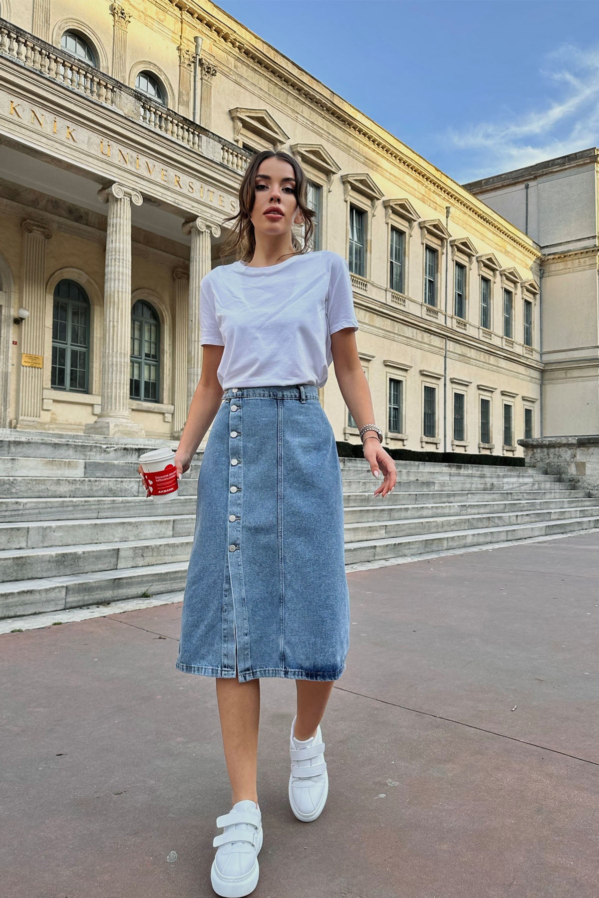 Mavi Düğmeli Midi Boy Basic Kadın Kot Etek SY-0259-Mavi