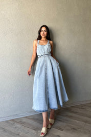 Açık Mavi Tasarım Bağlama Detay Denim Uzun Elbise SY-0836-Açık Mavi