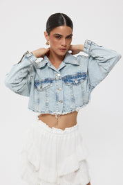 Açık Mavi Taşlı Crop Denim Ceket SY-2447-Açık Mavi