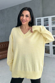 Sarı V Yaka Oversize Pinterest Triko Kazak SY-3348-Sarı