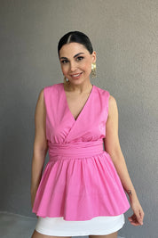 Pembe Sıfır Kol Poplin Bağlama Detaylı Marka Bluz SY-2981-Pembe