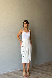 Beyaz Çizgili Midi Boy Etek SY-1642-Beyaz