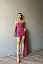 Pembe Goblen Dokulu Parlak Sarkıt Kumaş Mini Elbise SY-1243-Pembe