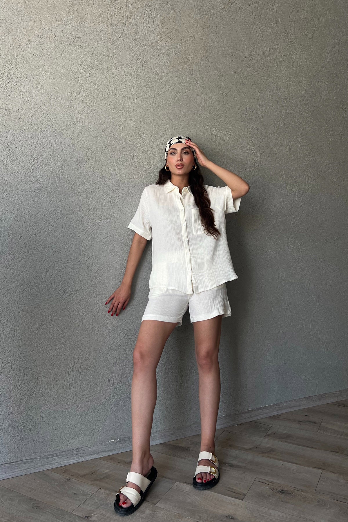 Ekru Kısa Kol Gömlek Şort Müslin Takım SY-2118-Ekru