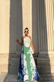 Renkli Positano Sırt Bağlamalı ve Çiçek Desenli Keten Elbise SY-2320-Renkli