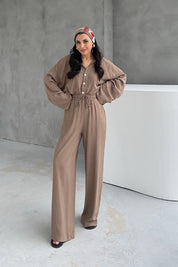 Kahverengi Keten Polo Yaka Gömlek Pantolon Takım SY-3118-Kahverengi