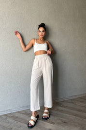 Naturel Bel Detaylı Keten Pantolon SY-2044-Naturel