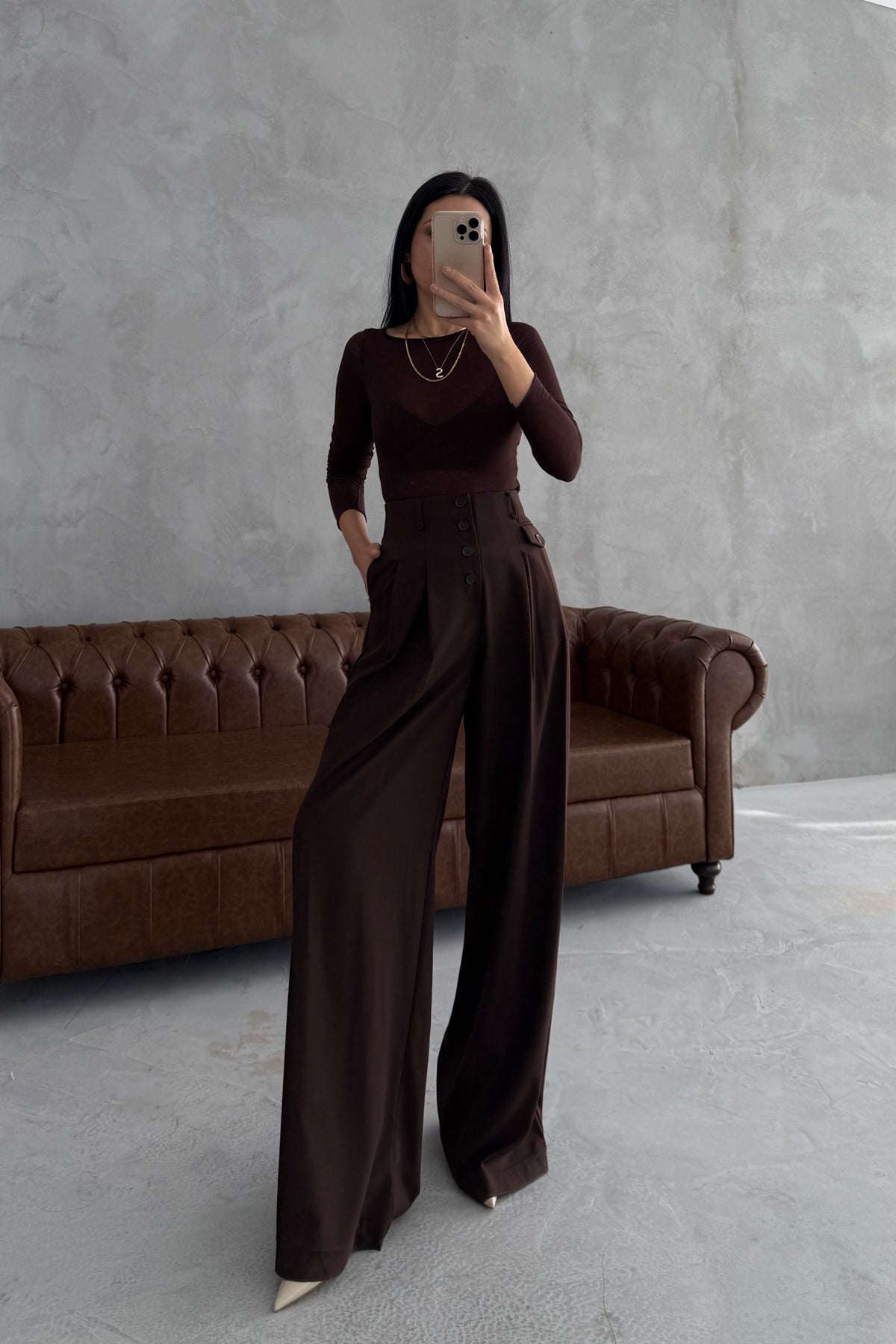 Kahverengi Düğme Detaylı Maskülen Pantolon SY-3440-Kahve