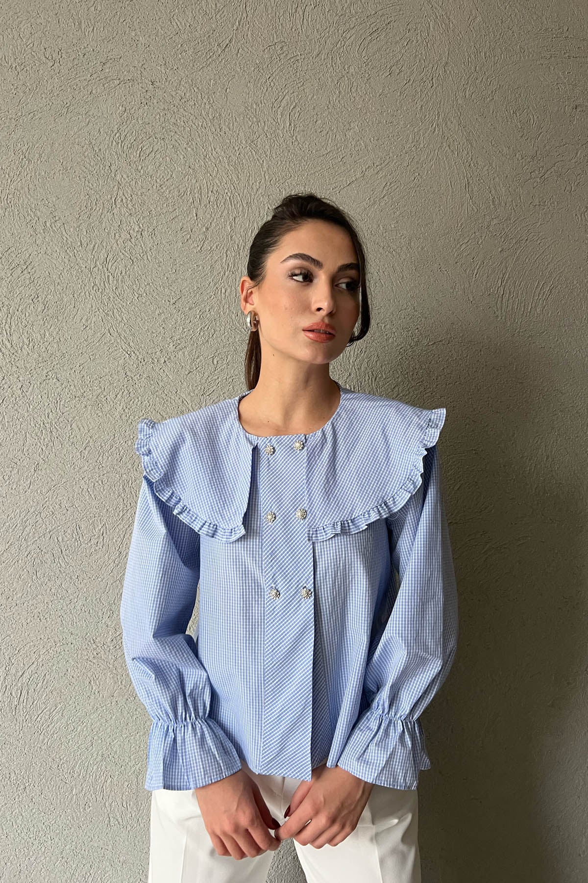Mavi Taş Düğme ve Yaka Detaylı ZR Bluz SY-1695-Mavi