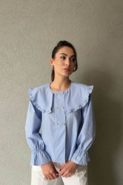 Mavi Taş Düğme ve Yaka Detaylı ZR Bluz SY-1695-Mavi