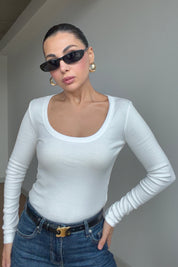 Uzun Kollu Fitilli Derin Bisiklet Yaka Beyaz Body SY-3412-Beyaz