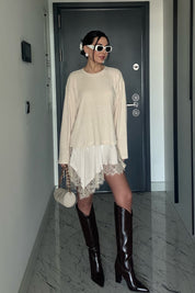 Bej Dantel Detaylı Saten Triko Bluz-Elbise SY-3504-Bej