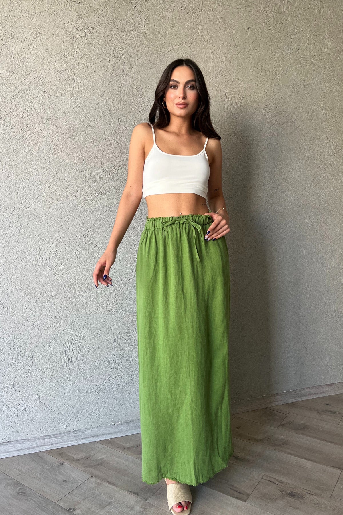 Yeşil Beli Bağlama Detaylı Uzun Keten Etek SY-2154-Yeşil