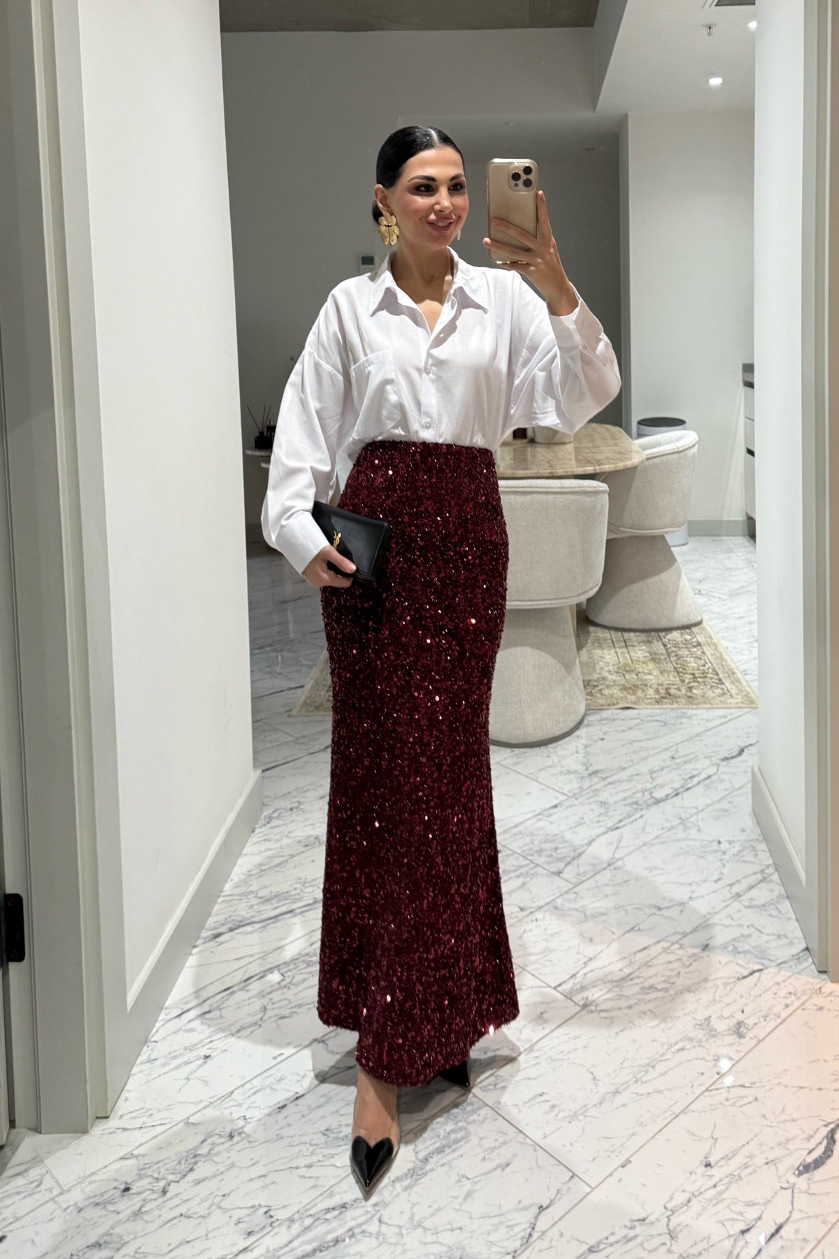 Bordo Payetli Maxi Balık Etek SY-3511-Bordo