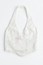 Halter Yaka İşlemeli Brode Crop Bluz Ekru SY-3749-Ekru
