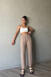 Bej Bel Detaylı Keten Pantolon SY-2044-Bej