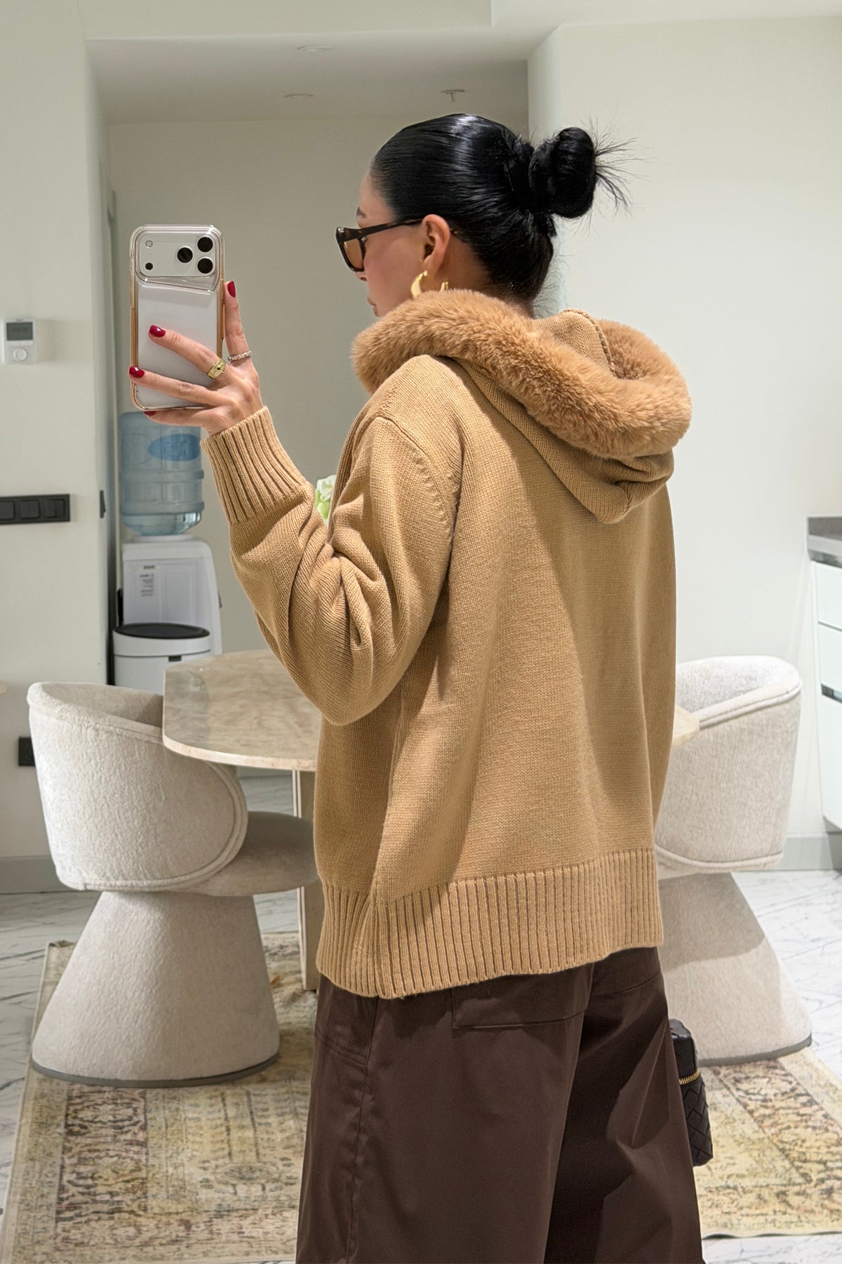 Peluş Detaylı Camel Kapüşonlu Hırka SY-3908-Camel