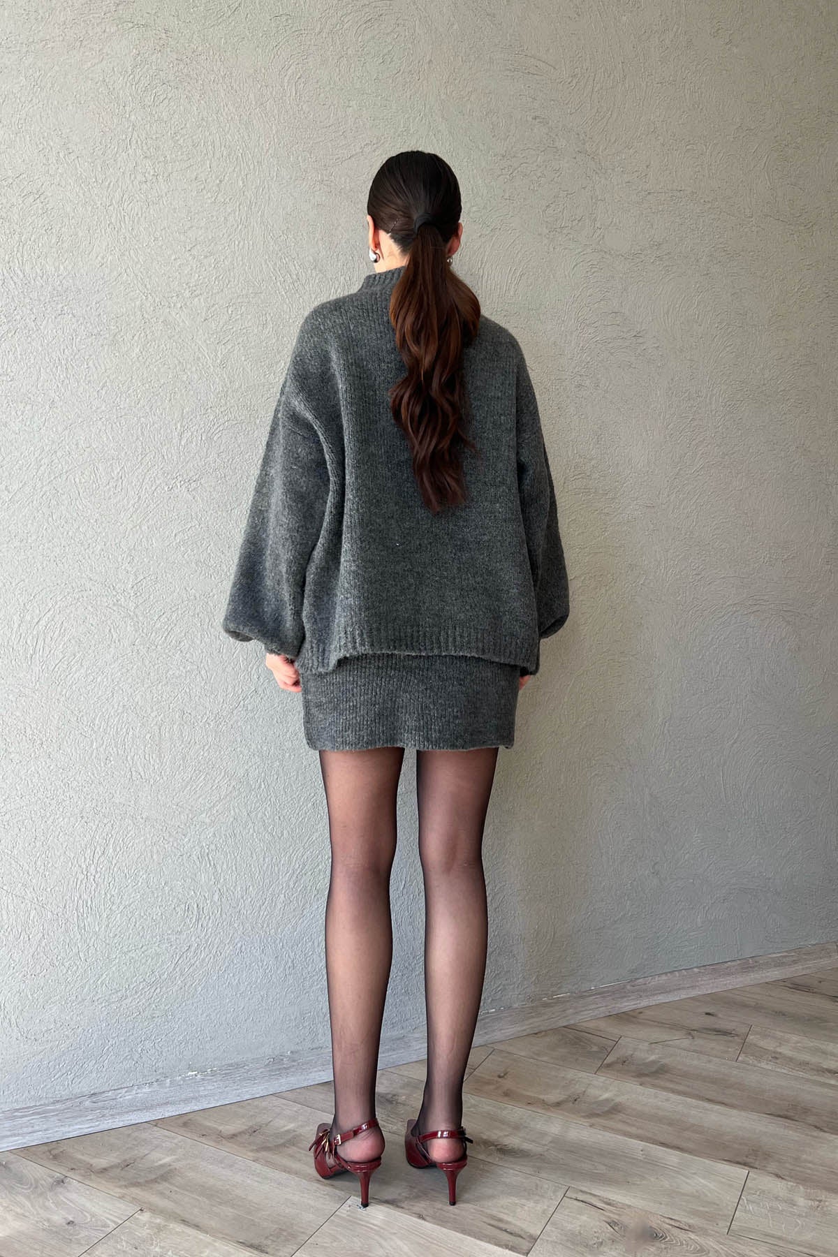 Antrasit Yarım Balıkçı Kazak ve Etek Triko Takım SY-1661-Antrasit