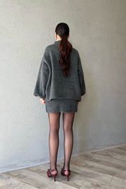 Antrasit Yarım Balıkçı Kazak ve Etek Triko Takım SY-1661-Antrasit