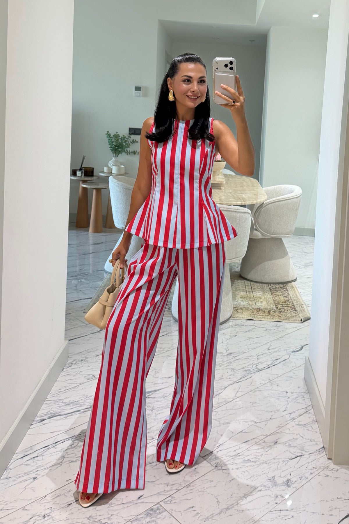 Kırmızı Mavi Çizgili Peplum Bluz Pantolon Takım SY-3790-Kırmızı