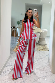 Kırmızı Mavi Çizgili Peplum Bluz Pantolon Takım SY-3790-Kırmızı