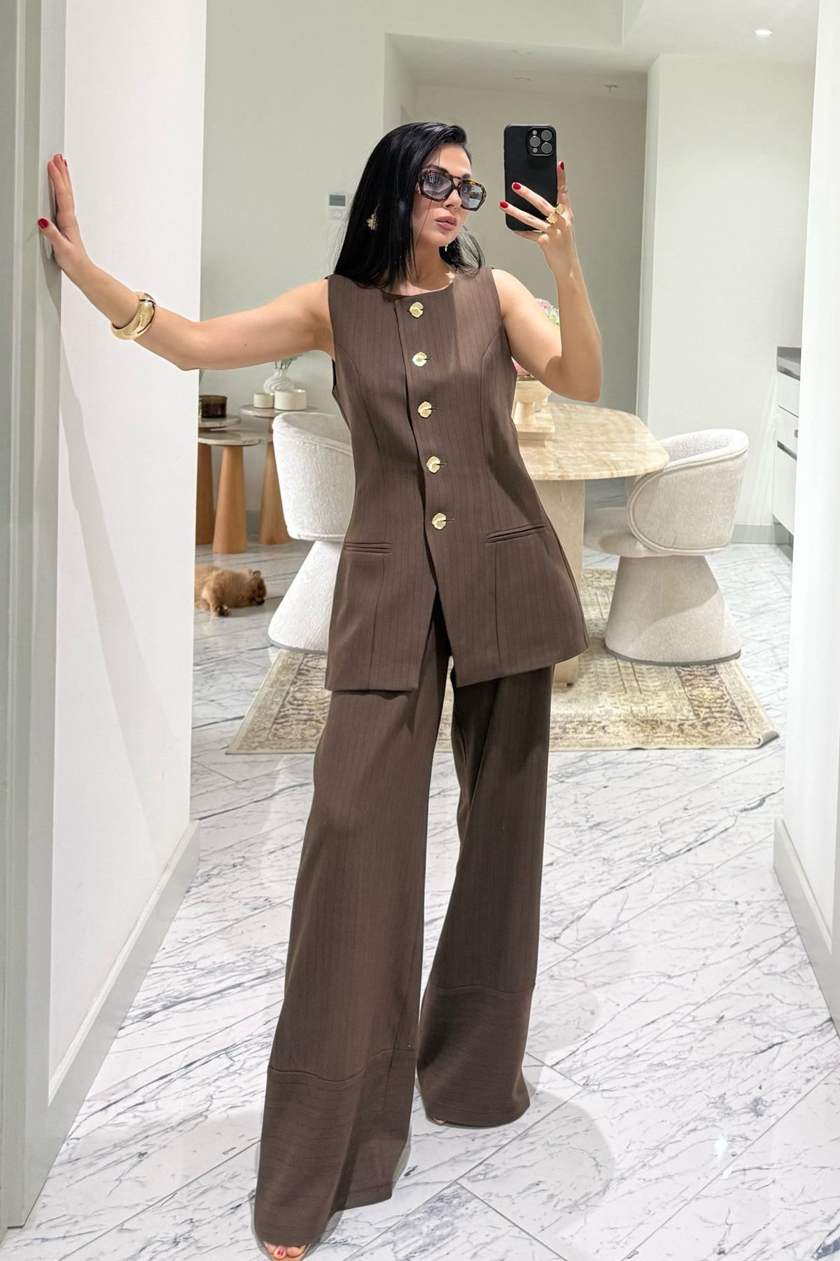 Kahve Çizgili Lidya Bol Paça Ve Yelek Takım SY-3690-Kahve