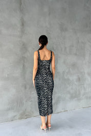 Leopar Arkası Yırtmaçlı Denim Elbise SY-2443-Leopar