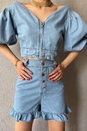 Açık Mavi Düğmeli Şort ve Bluz Denim Takım SY-0560-Açık Mavi