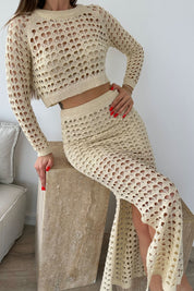 Krem Delikli Triko Bluz ve Etek Takım SY-0482-Krem