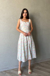 Yeşil Çiçek Desenli Omuzdan Bağlamalı Elbise SY-2174-Yeşil