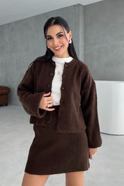 Kahve Kırçıllı Etek Hırka Triko Takım SY-3455-Kahve