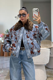 Çiçek İşlemeli Kürk Yakalı Denim Bomber Ceket Mavi SY-3851-Mavi