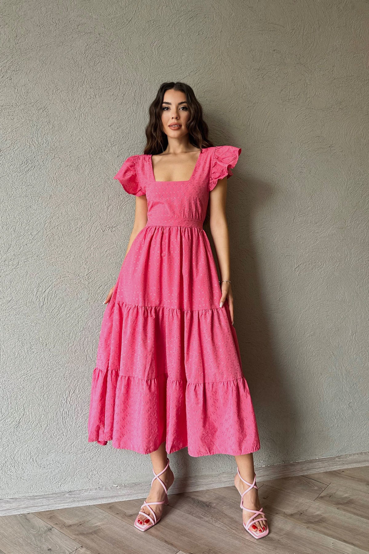 Fuşya Kolları Fırfırlı Sırtı Bağlama Detay Brode Elbise SY-0386-Fuşya