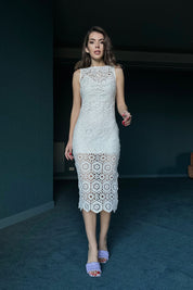 Taş Astarlı Dantel İşlemeli Sıfır Kol Elbise SY-0341-Taş